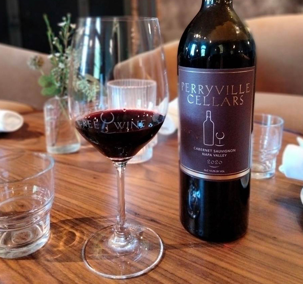 Glass of red wine next to the wine bottle
